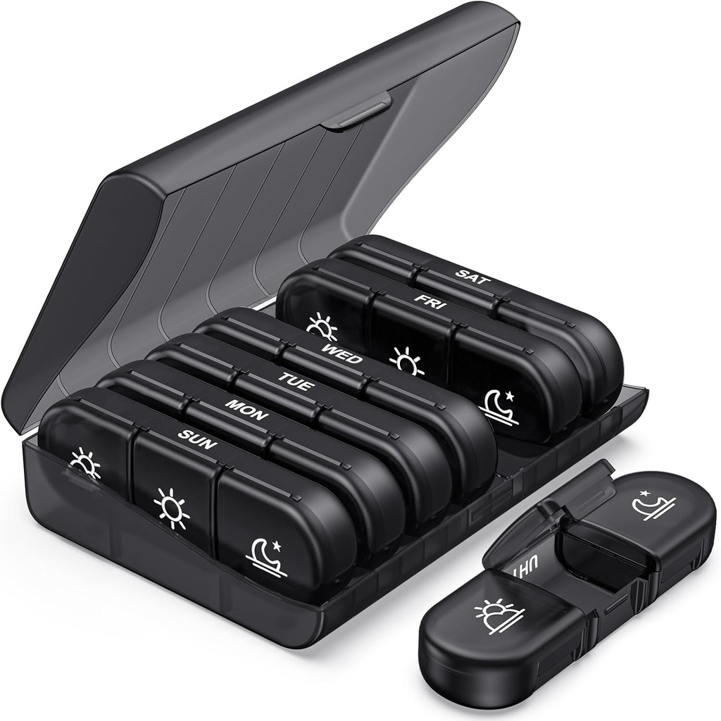 PULIV週刊ピルオーガナイザー3日、大型ピル容器付きポータブルトラベルピルボックス7日、ビタミン、医薬品、サプリメント、魚油(黒)用ライトプロフピルケース