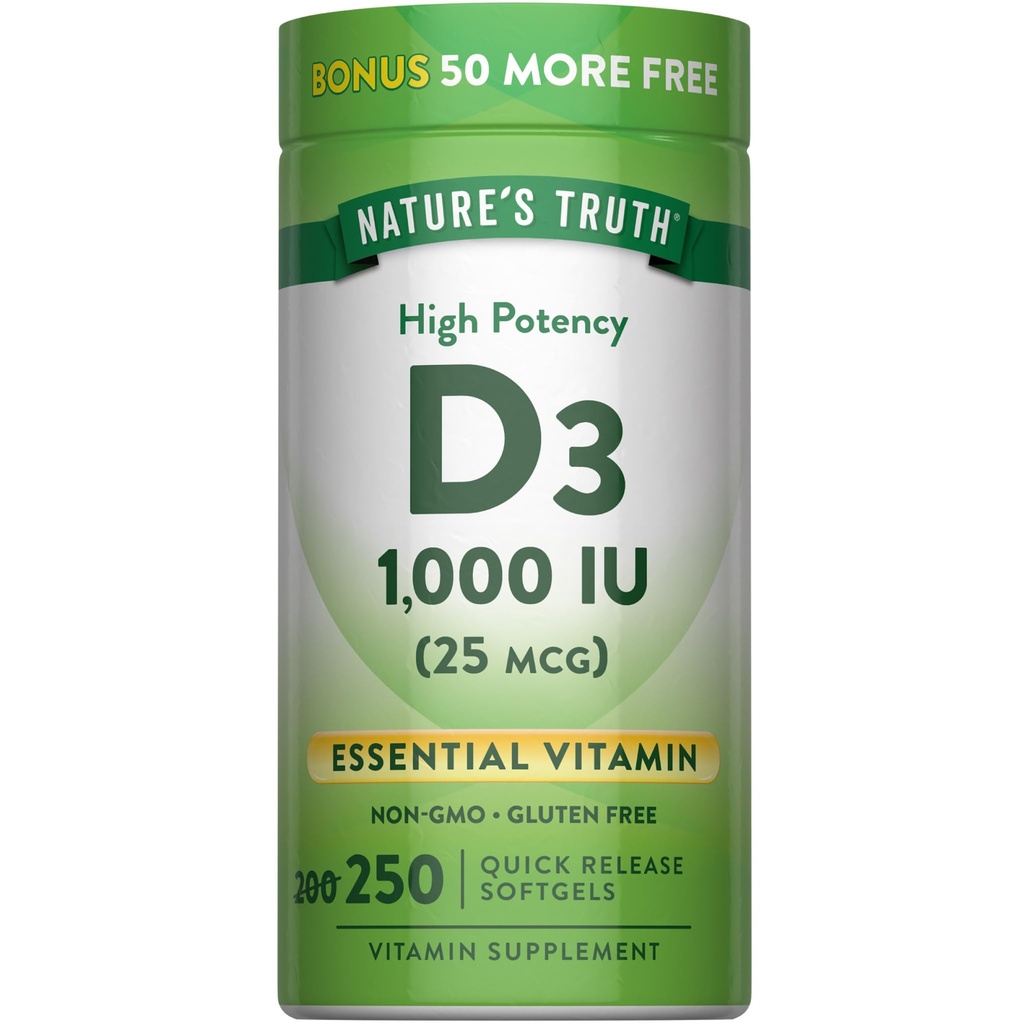Nature's Truth D3 1000 IU | 250 Softgels | エッセンシャルビタミンD | 非GMO&グルテンフリーサプリメント