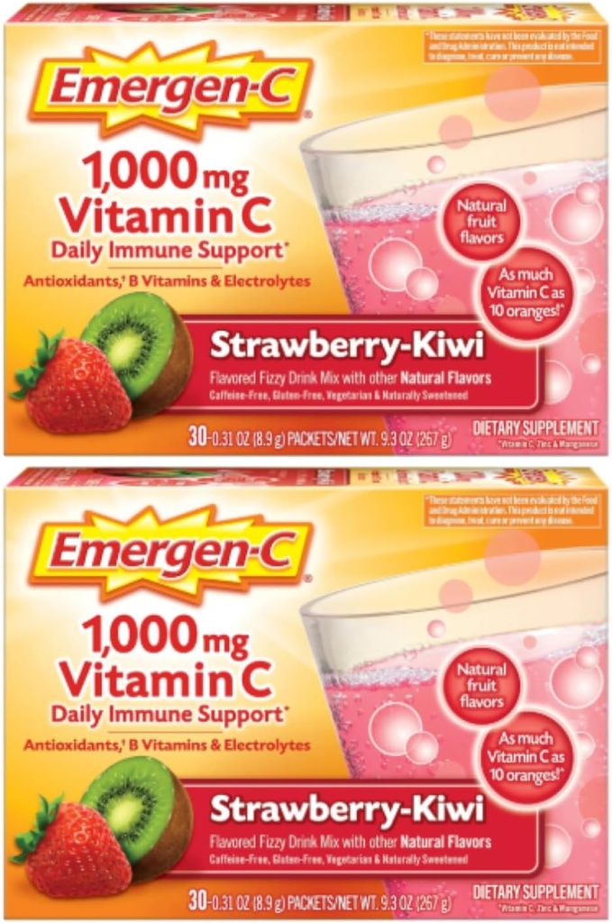Emergen-C 1000mgのビタミンCの粉、いちごのキウイの味、酸化防止剤、Bのビタミンおよび電解物、免疫サポートのためのビタミンCの補足、30の計算(2のパック)