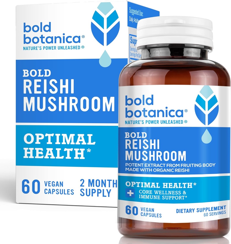 Bold Botanica Reishi Mushroom Capsules - 100% Fruiting Body - Concentrated Organic Reishi Extract for Immune Support & Core Wellness - No Mycelia & No Grain - 60 Vegan Capsules