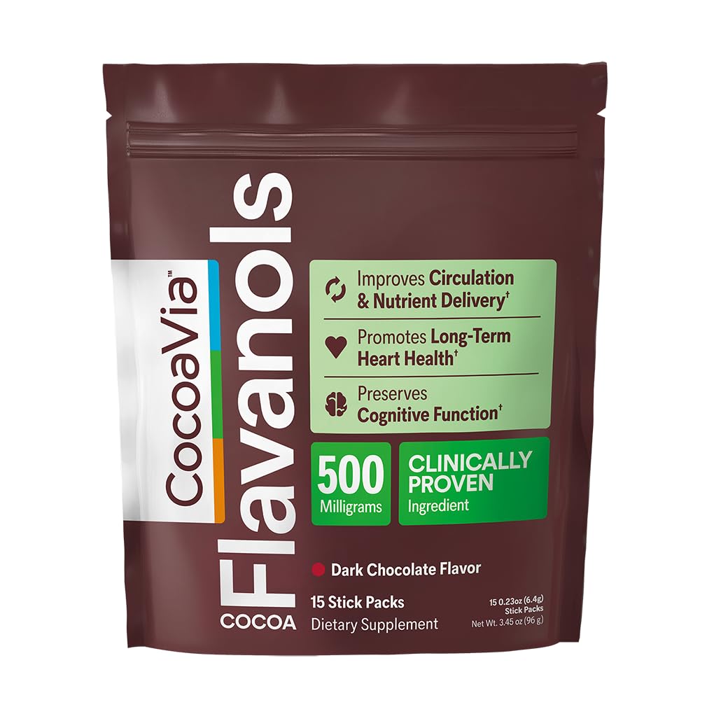 CocoaViaココアフラバノール500mg、高フラバノールココアパウダー、サポートハートと脳の健康、ブースツニトリ酸化物、循環、プレワークアウト、旅行フレンドリー、ビーガン、ダークチョコレート、15シングルセルビアスティック