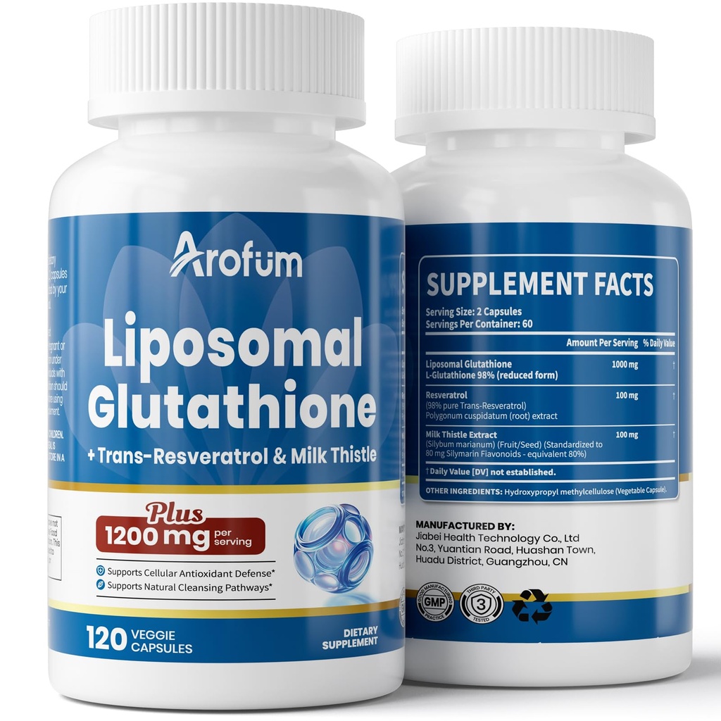 リポソームグルタチオン1000mg、レスベラトロール&ミルクアワート付き | 高吸収性グルタチオンリポソームサプリメント | 皮膚の健康のための120のカプセルビーガン、免疫&肝臓サポート