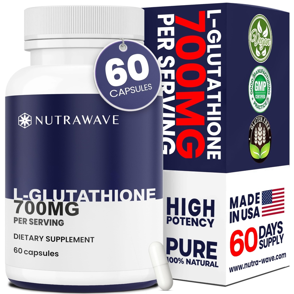 Nutra 波 L グルタチオン 減らされた 700 mg – 皮膚の明るくするための純粋なグルタチオンサプリメント, 白く & 免疫サポート – 女性のためのマスター抗酸化カプセル & 男性 – GMO なし, ビーガン – 60 カプセル
