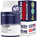 Nutra 波 L グルタチオン 減らされた 700 mg – 皮膚の明るくするための純粋なグルタチオンサプリメント, 白く & 免疫サポート – 女性のためのマスター抗酸化カプセル & 男性 – GMO なし, ビーガン – 60 カプセル