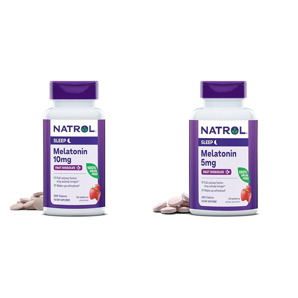 NatrolのMelatonin 10mg 200のタブレット及び5mg 200のタブレットのいちご風味付けされた速い分解の睡眠サポート食事療法の補足の束