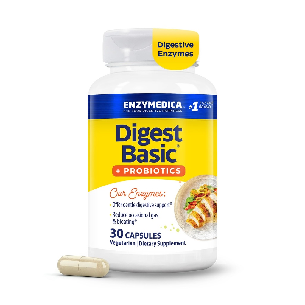 Enzymedica、ダイジェストベーシック+プロバイオティクス、カプセル当たり400ミリオンCFU活性培養酵素、30カプセル