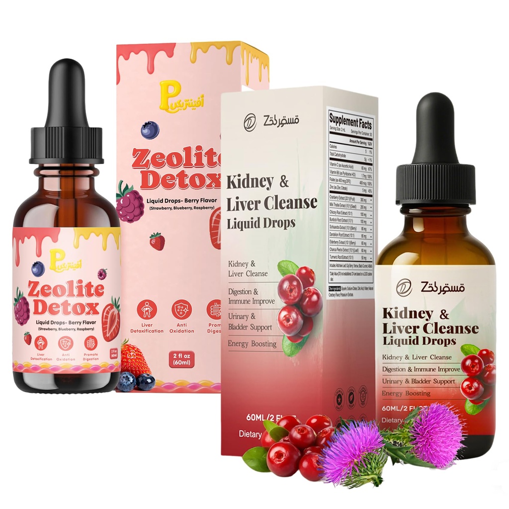 Zeolite Detox Drops for Kids & Kidney Cleanse Drops for Adults - Liquid Supplement Duo with Vitamins C B12 D3, Cranberry, Chanca Piedra, Milk Thistle & Herbal Blend - Mixed Berry & Cranberry Flavor, 6