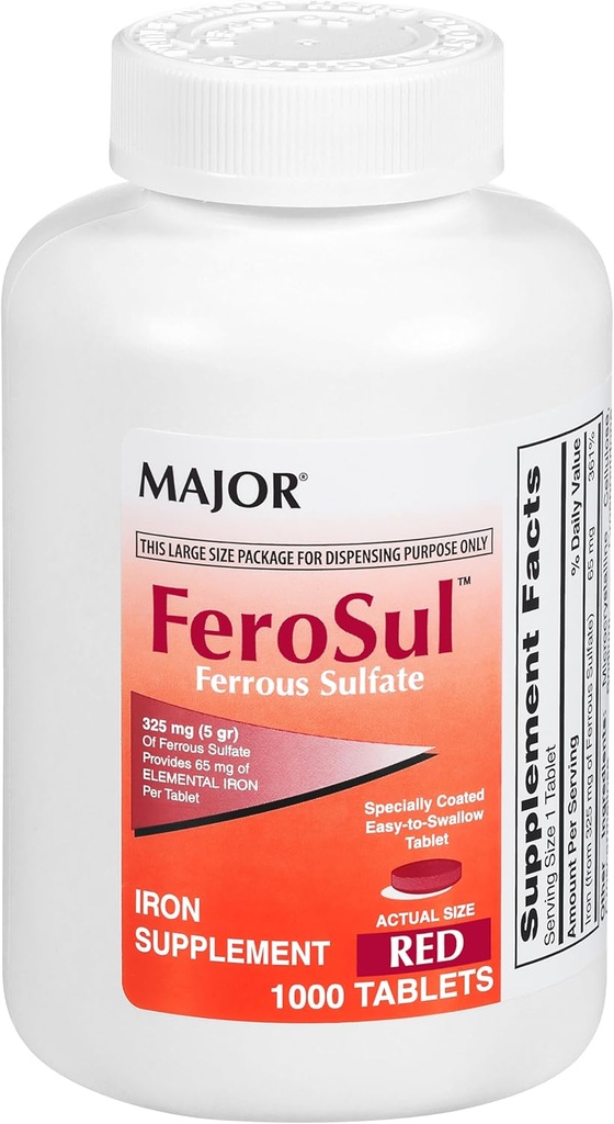 Major FeroSul - Ferrous Sulfate 325 mg Tablets - Iron Supplement for Women and Men - Specially Coated Easy-to-Swallow Tablets - Red - 1000 Tablets