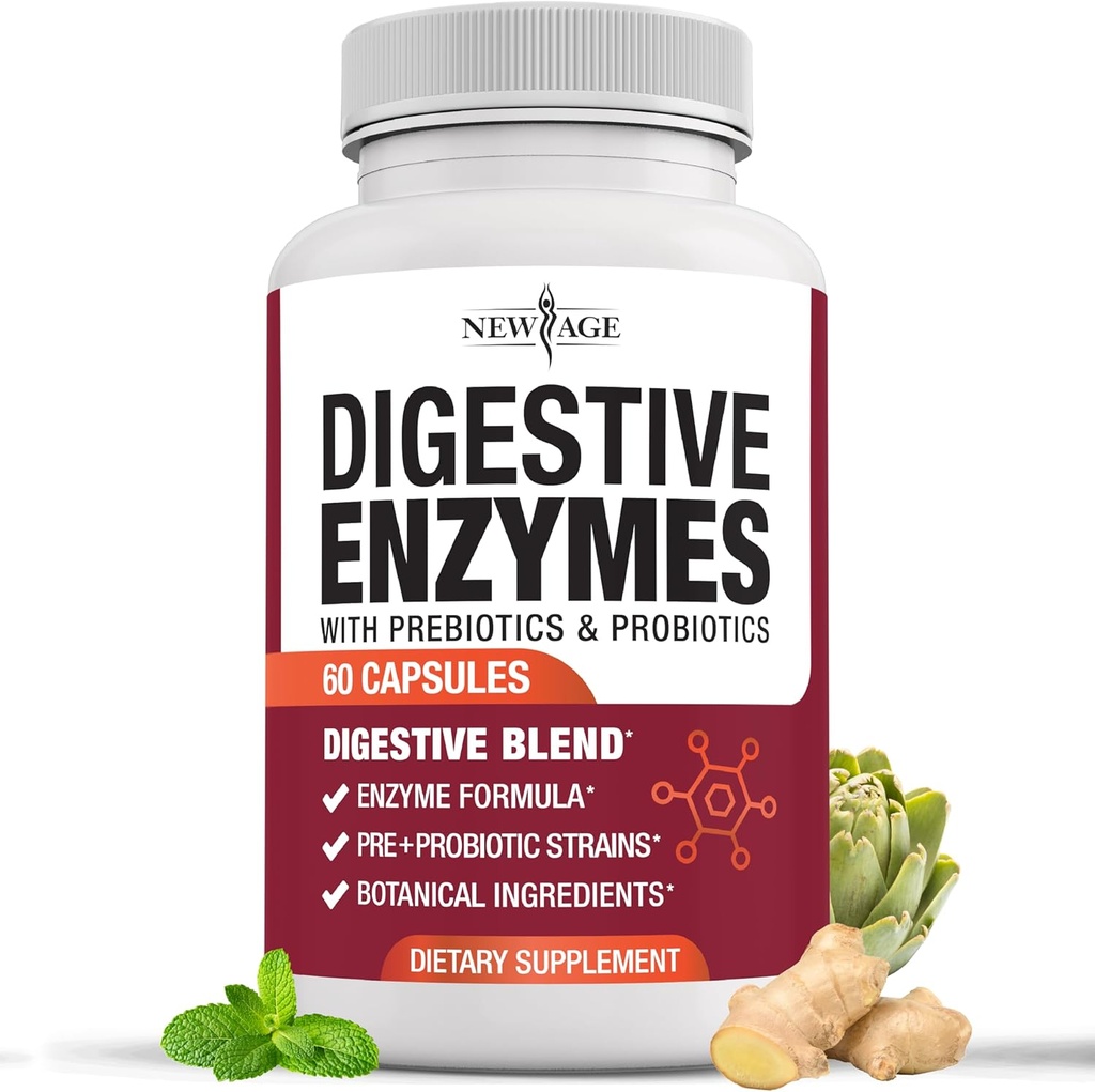 NEW AGE Digestive Enzymes for Gut Health - Probiotic Multi Enzymes with Prebiotics and Probiotics with Lipase for Women and Men for Digestive Health, Daily Enzymes for Digestion - 60 Count