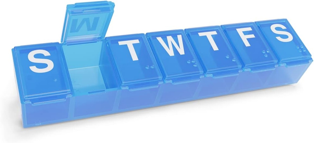 EZY DOSEウィークリー(7日)ピルオーガナイザー、薬のプランナー、ビタミンオルガナイザーボックス、サプリメントや魚油のケース、便利で使いやすい媒体のコンパートメント、旅行フレンドリー、ブルー、BPA無料