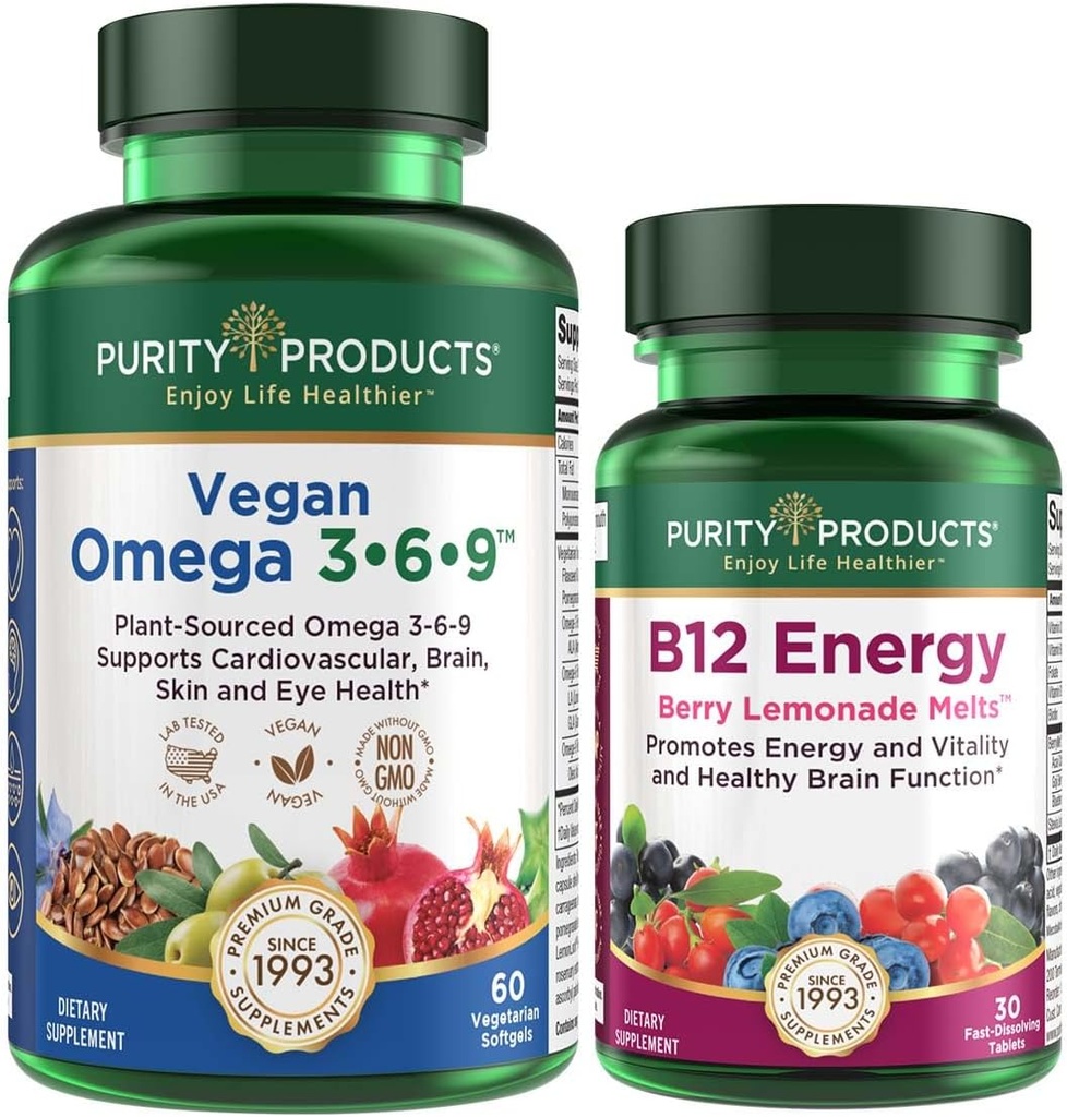 Purity Products Bundle - Vegan Omega 3-6-9 + B-12 Energy Melt Omega 3-6-9 (“5 in 1” Plant-Based Omega 3 6 9 Essential Fatty Acid Complex) - B12 Berry Melt (Methylcobalamin B12 + B6 + D3 + More)