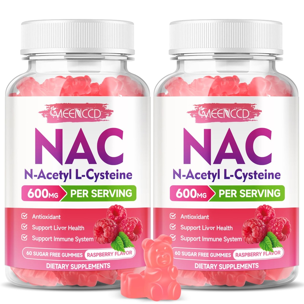 MEENCCD 2 パック NAC グミー、N アセチル Cysteine 600mg NAC サプリメント 抗酸化剤と免疫サポート、砂糖フリー、ラズベリー風味、120 カウント