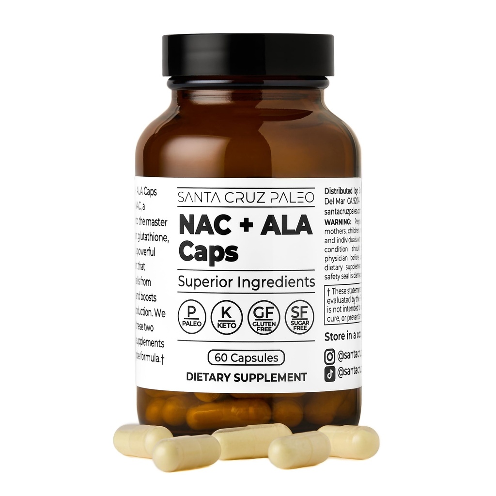 サンタ・クルス・パレオ、NAC + ALA キャップ、NAC サプリメントおよび酸化防止コンプレックス、アルファリポ酸および N アセチル Cysteine、セルラー サポートおよび栄養素バランス、グルテンフリー、ケト、パレオ、60 カプセル