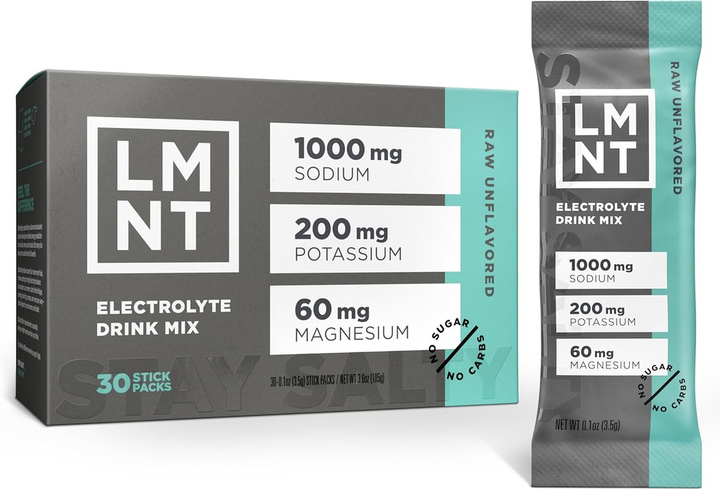 LMNT Zero Sugar Electrolytes - Raw Unflavored Salt | Drink Mix | 30-Count