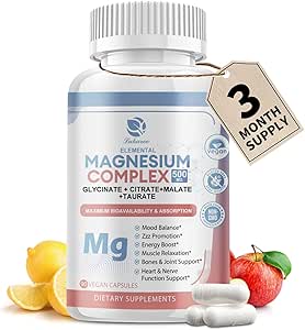 マグネシウムの補足500mg、マグネシウムのGlycinate、Malate、Taurate、クエン酸塩のコンプレックス及び草のエキス、バランスの取れたウェルネスおよび弛緩のための高い吸収のChelated 90のビーガン非GMOのカプセル