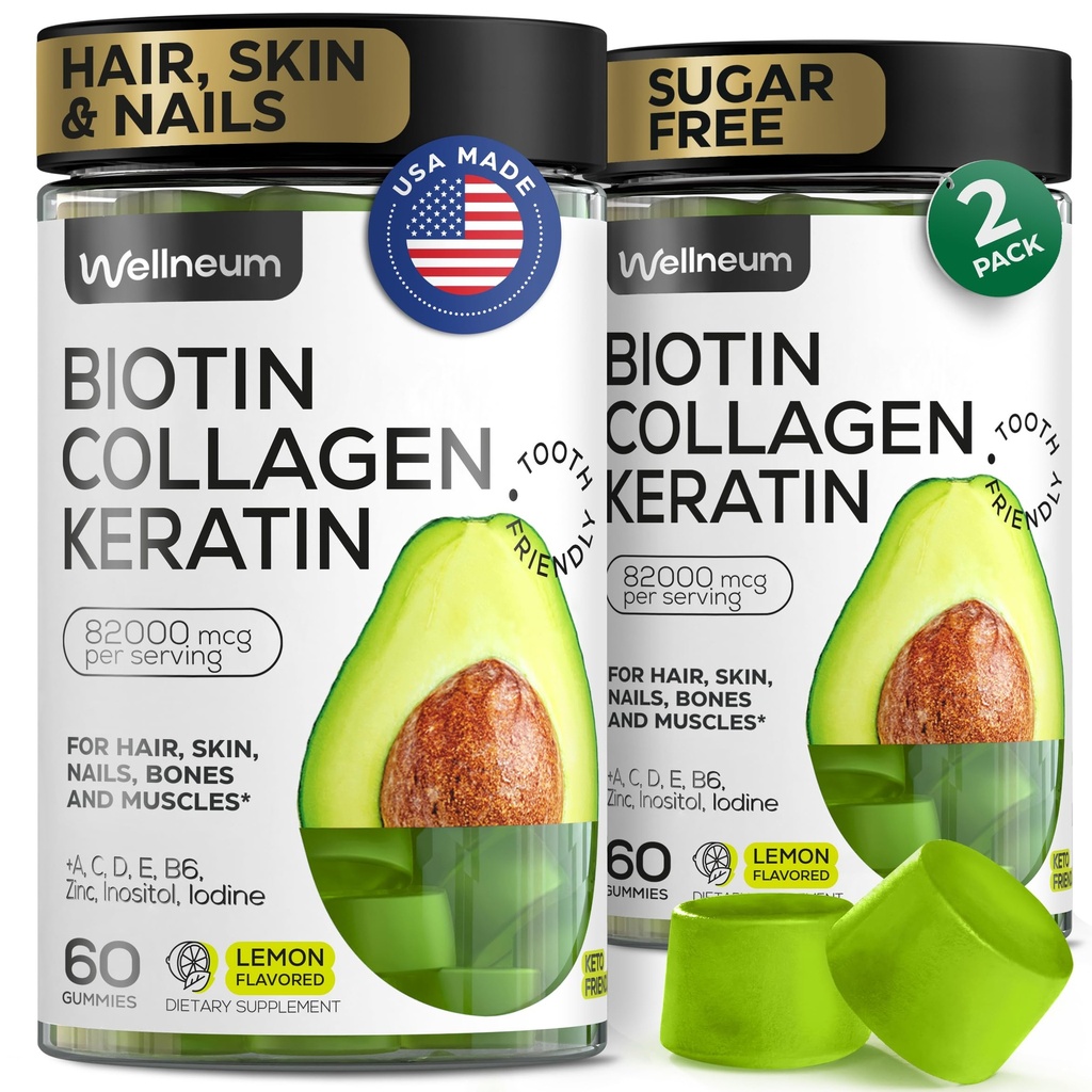 毛の成長、皮および釘のためのBiotinおよびコラーゲンのペプチッド ガミー 120 PC (2のパック) - 82000 Mcg - ケラチンの最高の強さのBiotinのChewables -女性および人のための美のガミー -砂糖は、非GMO放します