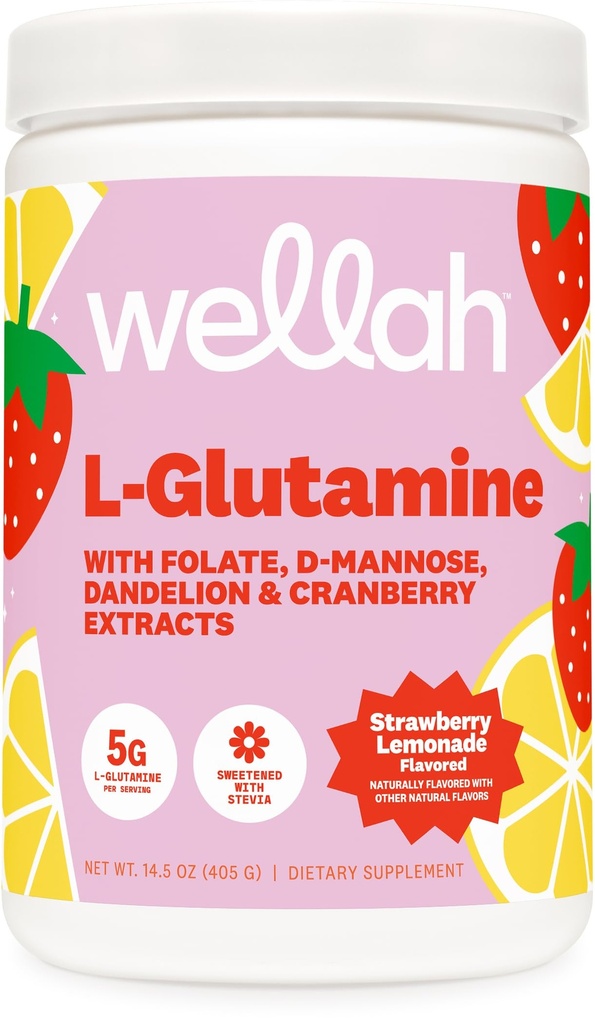 Wellah L-グルタミン ストロベリー レモンード風味 (50 サービング) - 5g L-グルタミン パー サービング、スティービア添え