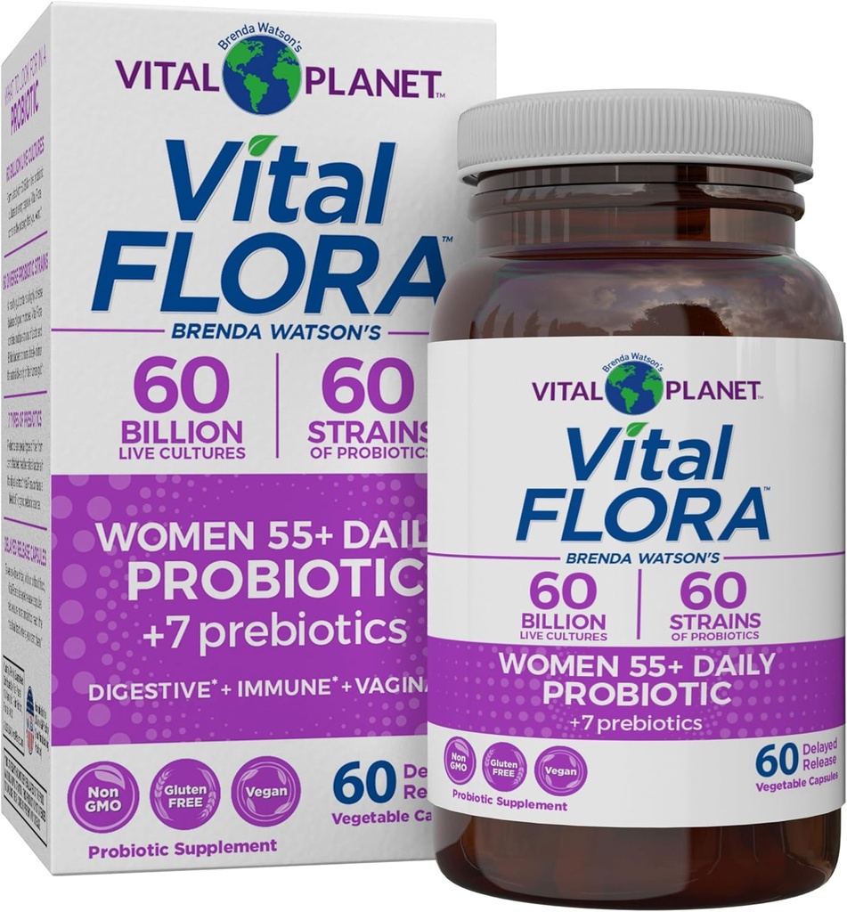 Vital Planet - Vital Flora Women over 55 Daily Probiotics, 60 Billion CFU, Diverse Strains, Organic Prebiotics, Vaginal and Immune サポート, 女性 60 カプセルの消化性健康プロバイオティクス