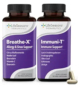 LifeSeasons Breathe-X with Immuni-T - アレルギー&シヌス救済サプリメント - サイヌスと鼻の不快感をサポート - 非眠りと行動 - 180カプセル