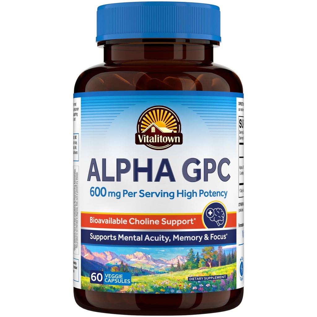Vitalitown Alpha GPC Supplement 600 mg, Bioavailable Source of Choline, Acetylcholine Precursor, Non-GMO, for Brain Health, Memory, Focus & Cognitive Support, 60 Veg Caps