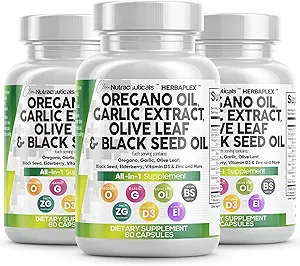 きれいなNutraceuticalsのオレガノオイルのニンニクのエキスのオリーブ葉の黒の種油-免疫サポート及びビタミンD3及び亜鉛が付いている女性そして人のための消化の健康の補足- 3Pack