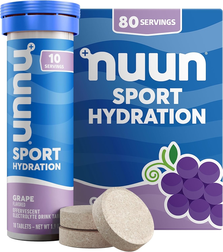 Nuunのスポーツ マグネシウム、カルシウム、カリウム、塩化物及びナトリウム、グルテンフリー及びビーガン、ブドウ、8パック(80のサービング合計)が付いている電解物のタブレット
