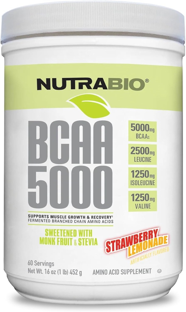 NutraBio BCAA 5000パウダー - 筋肉の成長と回復のための発酵ブランチチェーンアミノ酸 - 天然フレーバー、甘味料、着色、ビーガン、グルテンフリー - イチゴレモネード、60サービング