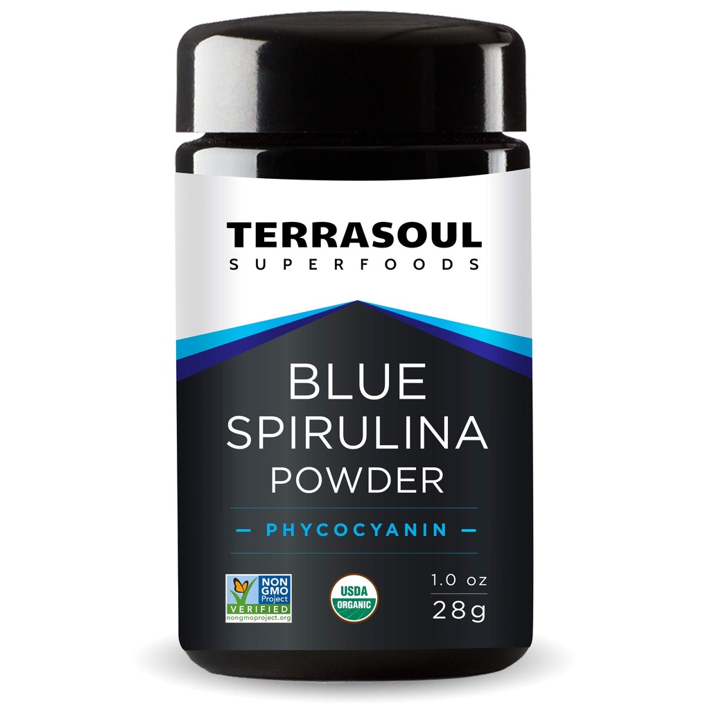 Terrasoul Superfoods Organic Blue Spirulina Powder 1 Oz (28 Servings) - Pure and Nutrient-Rich Superfood for Vibrant Wellness and Culinary Creativity, Premium Blue Color, Packed in Glass Jar