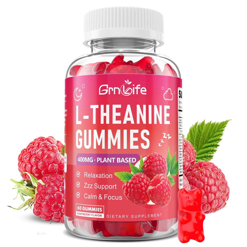 L-Theanine Gummies for Kids & Adults, L'Theanine 400mg with Ashwagandha, GABA, 5HTP, L Theanine Supplement for Calm, Zzz & Relaxation Support, Raspberry Flavor, 60 Counts