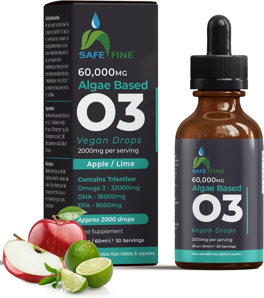 Omega 3 液体ビーガンドロップ - Algae オイルから DHA & EPA - 60 ml ドロップパーボトル - 2000 給餌あたり mg - 全家族のための全身ボディウェルネスサプリメントをサポート