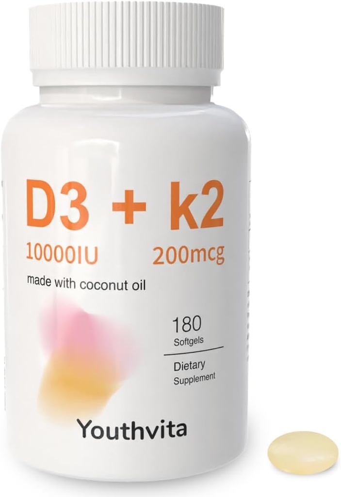 d3 k2 ビタミン 10000 の iu、180 のココナッツ油 Softgels | 1 つのビタミンの補足 D3 10000 の IU 及び K2 (MK7) 200 の mcg、Swallow への容易なサポート カルシウム吸収、骨の免疫および中心の健康