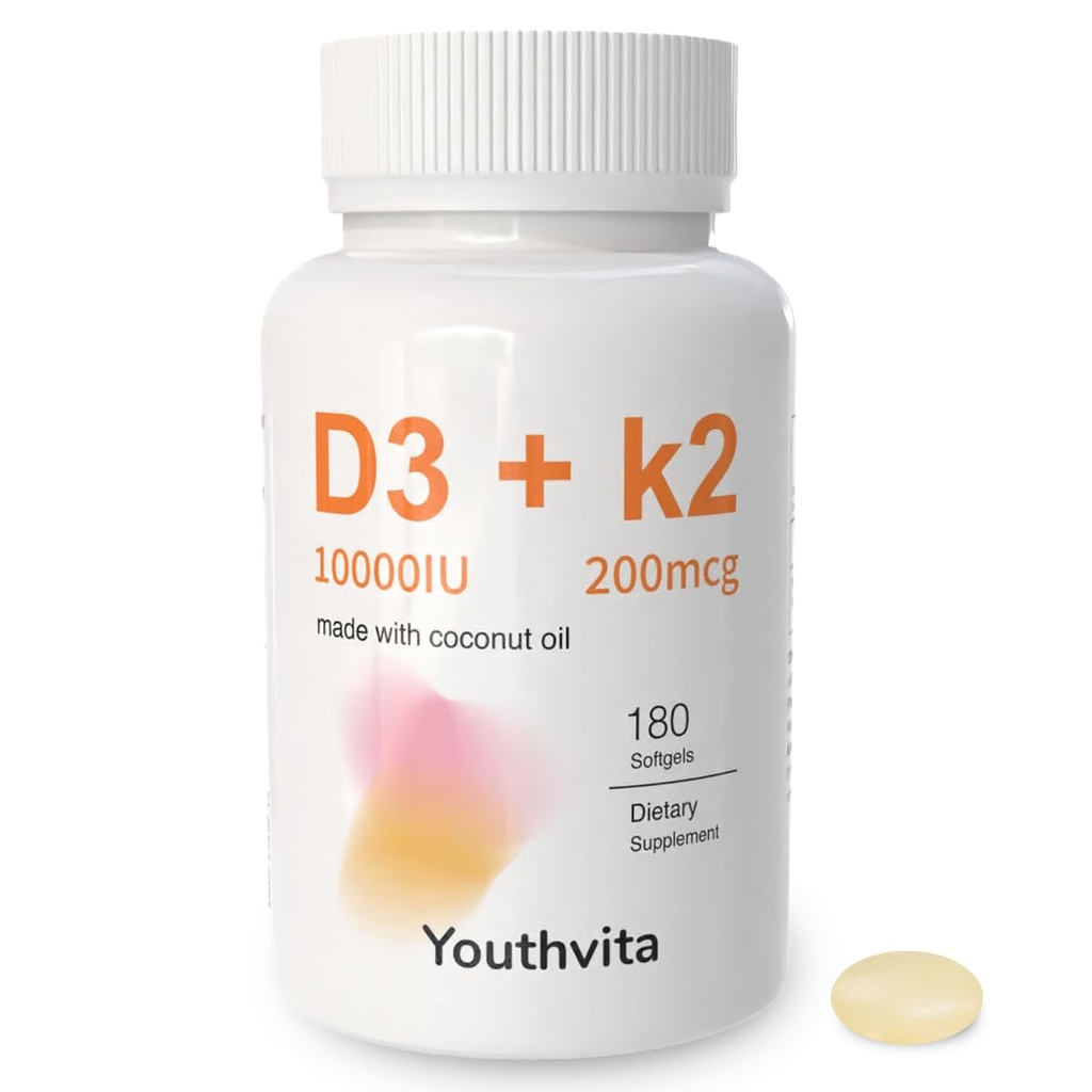 d3 k2 ビタミン 10000 の iu、180 のココナッツ油 Softgels | 1 つのビタミンの補足 D3 10000 の IU 及び K2 (MK7) 200 の mcg、Swallow への容易なサポート カルシウム吸収、骨の免疫および中心の健康