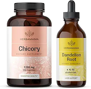 HERBAMAMA Chicory と Dandelion Kit - 1200 mg Chicory Root カプセル & Dandelion Root Tincture 4 fl oz - ビーガン, 非GMO, 砂糖 & アルコールフリー - 2 パック