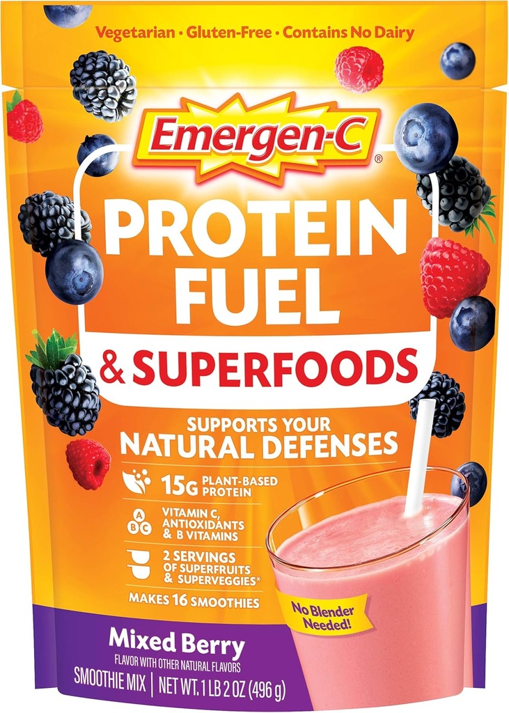 Emergen-Cプロテインパウダー燃料&スーパーフード(16のサービング、混合ベリー風味)植物ベースのベジタリアンシェイクミックスとオーガニックスーパーフード、ビタミンC&その他抗酸化物質