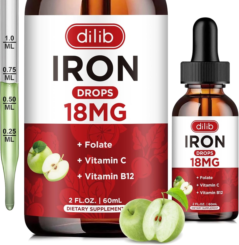 Liquid Iron Supplement for Women & Men Iron Drops Iron Supplements for Anemia with Folate, Vitamin C, B12 for Red Blood Cell Support-Green Apple Flavor, 2 Fl Oz