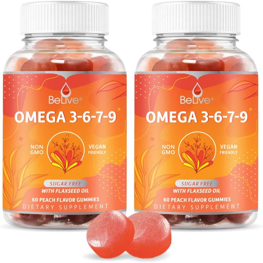 BeLive Organic Omega 3 Gummies - Omega 3 6 9 7 DHA & EPA from Flaxseed Oil & Sea Buckthorn Fruit Oil, Vegan, for Kids & Adults, Full Body, Brain & Eye Support, Sugar Free – Peach | 2-Pack