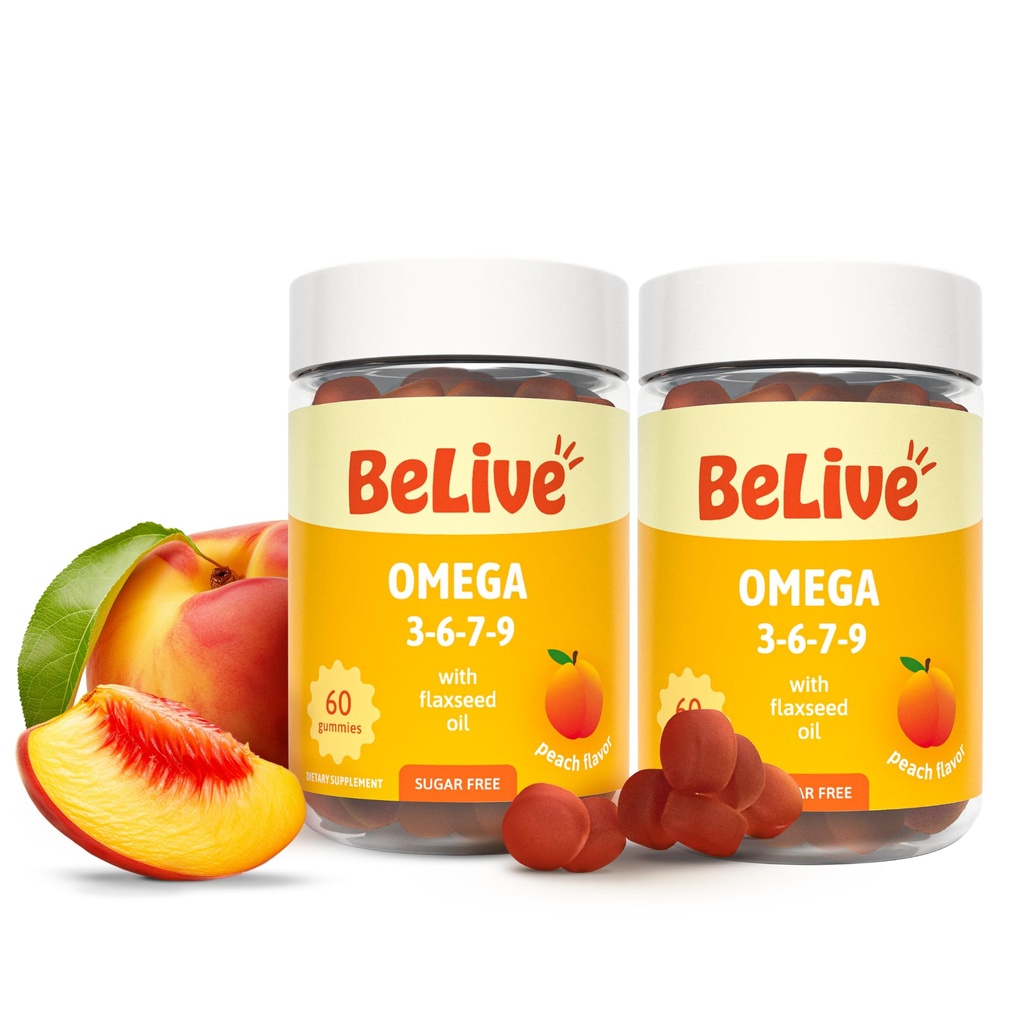 BeLiveオーガニックオメガ3グミー - オメガ3 6 9 9 7 DHA&EPA 亜麻仁油&シーバックソーンフルーツオイル、ビーガン、子供用&大人用、フルボディ、脳&アイサポート、砂糖無料 - ピーチ | 2-パック
