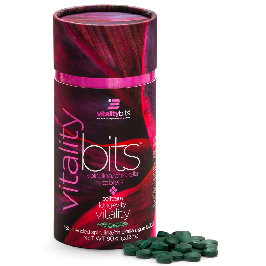 VITALITYbits - 有機ブレンドスピルリナ&クロレラ錠 - Algaeスーパーフード - エネルギー、セルフケア、美 - 緑を置き換える、サプリメント、タンパク質、スナック - ビーガン、ケト、グルテンフリー - 360錠