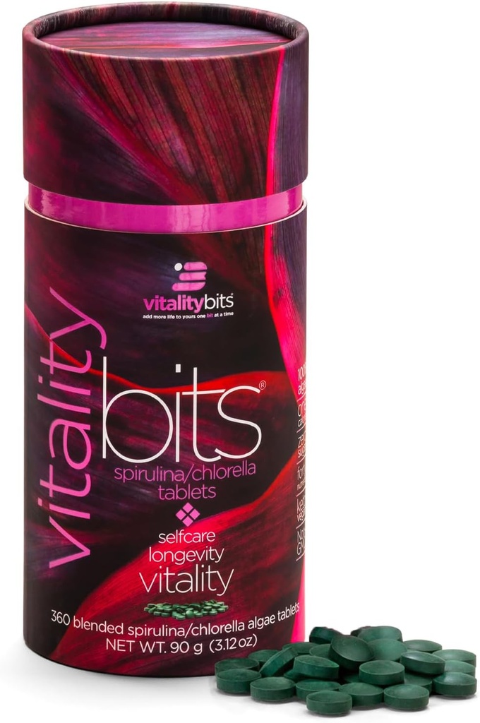 VITALITYbits - 有機ブレンドスピルリナ&クロレラ錠 - Algaeスーパーフード - エネルギー、セルフケア、美 - 緑を置き換える、サプリメント、タンパク質、スナック - ビーガン、ケト、グルテンフリー - 360錠