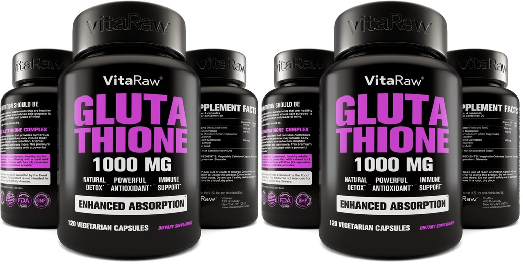 VitaRaw 1000mg Glutathione for Immune Support - 100mg Absorption Complex - Reduced Liposomal Glutathione Supplement with Alpha Lipoic Acid - Brain Booster, Glowing Skin, Liver Support (Pack of 2)