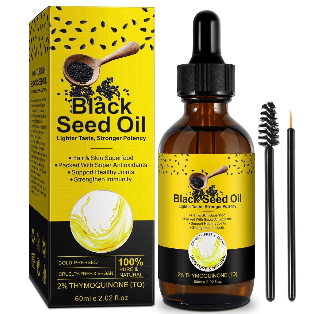 Black Seed Oil - 100% Pure Unrefined, Natural Organic Cold Pressed Black Seed Oil with 2% TQ and a Dynamic Harmony of Omegas 3, 6, 9 Antioxidant, Immune Boost, Joints, Skin & Hair 2.02 Fl Oz (1 Pack)