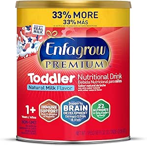 Enfagrow Premium Toddler Nutritional Drink, Made with Real Milk, Brain-Building Omega-3 DHA, Nutrients and Prebiotics for Growth & Immune Support, Non-GMO, Toddler Milk Powder, 32 Oz Can