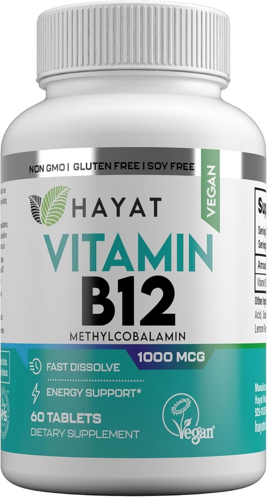 HAYATのビタミンのビーガン自然なビタミンB12 1000 MCG、エネルギー代謝サポートのための食事療法の補足、2か月の供給、すべての自然な、証明されたハラール、米国でなされる60のタブレット