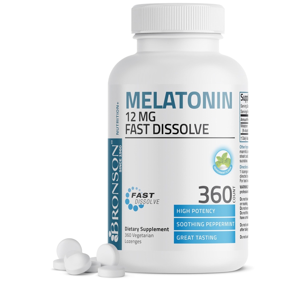 Bronson Melatonin 12mgの速い分解の夜間睡眠援助サポート及び弛緩サポート、360ペパーミントのベジタリアンのロゼンジ