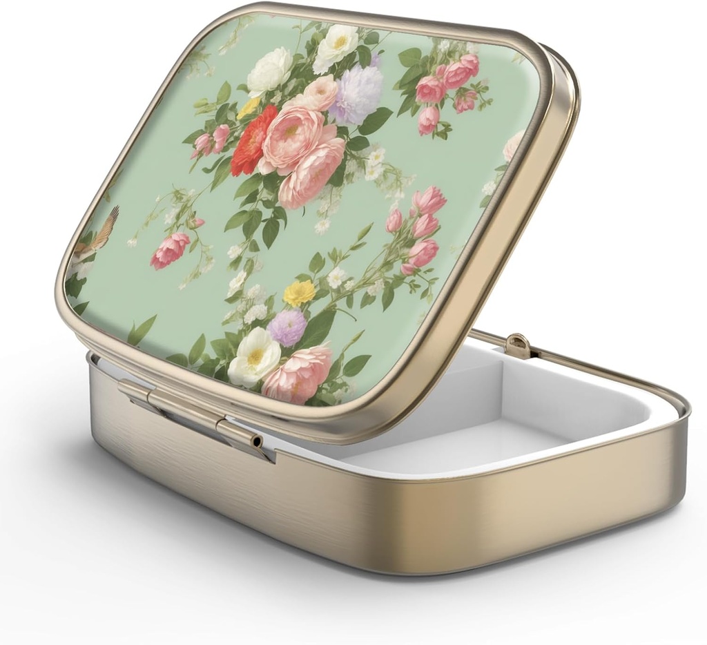 Pill Case Pill Box with Mirror Retro 2 Compartment Small Pill Case for Purse or Pocket Bronze Rectangular Pill Box or Vitamins, Fish Oil, Supplements, Pill Containe Travel Gifts（Retro Green Floral）