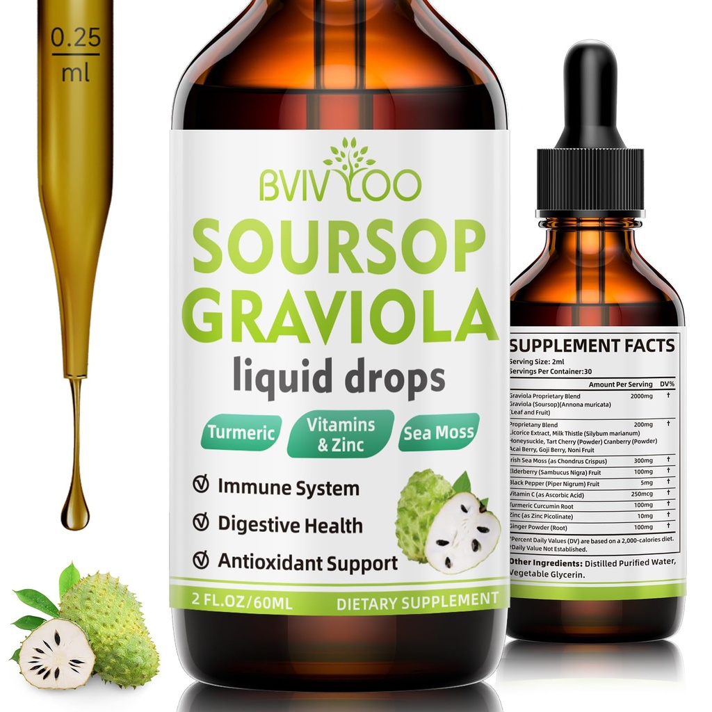 Soursop Graviolaの液体の低下- 300mg海のMoss及び100mgのElderberryと混合される2000mg純粋なSoursopのエキス-強力な細胞サポート、酸化防止リッチ、免疫Boosting - 2 Fl Oz (60ml)のびん
