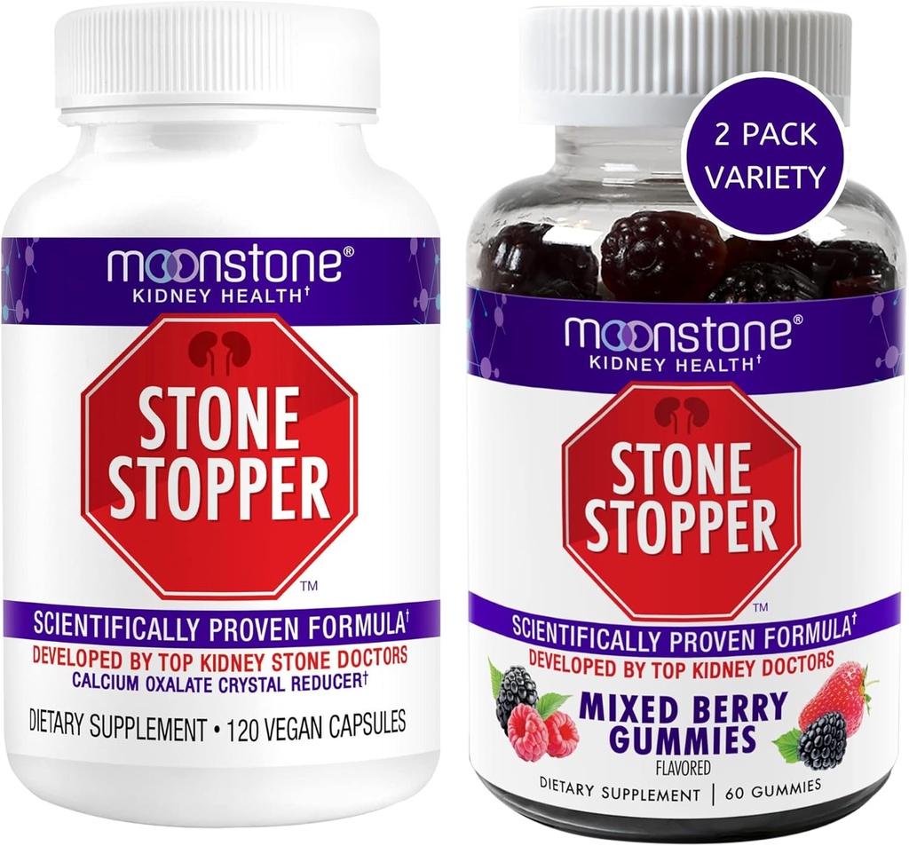 Moonstone Kidney Stone Stopper Capsules & Gummies, Outperforms Chanca Piedra Stone Breaker & Kidney Support Supplements, Developed by Urologists to Prevent Kidney Stones, Mixed Berry (Variety 2 Pack)