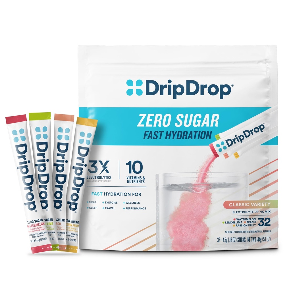 DripDrop砂糖無料水和パケット - ゼロ古典的なバラエティパック - シングルセルブ電解液パウダードリンクミックス - レモンライム、スイカ、ピーチ、パッションフルーツ - 非GMO、グルテンフリー、ビーガン - 32スティック