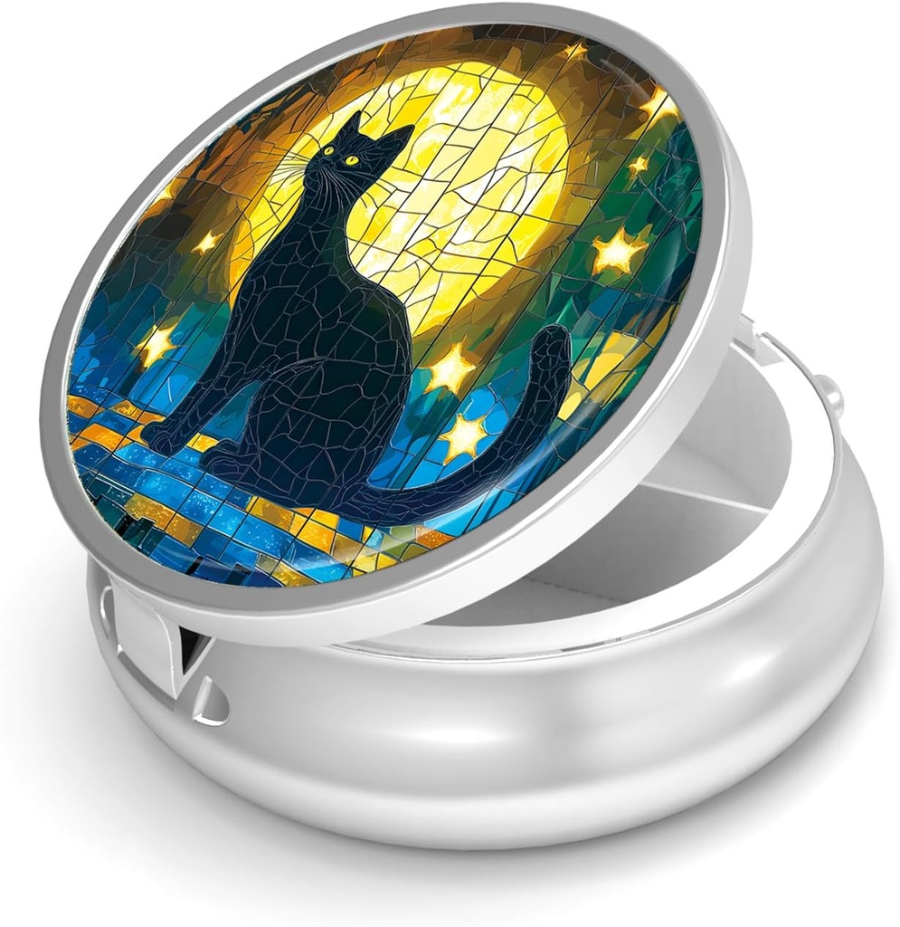 Pill Box-3 Compartmentの財布のための小さい丸薬の箱及びポケット小型金属の丸薬のホールダー旅行丸薬の容器は補足のビタミンBPAフリー(Moonの猫)を保持します