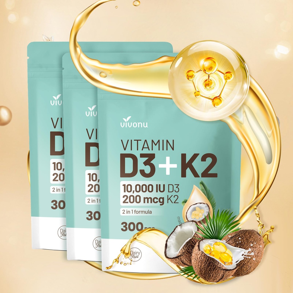 ビタミンD3 10000 iu Plus K2(MK-7) 200mcg、300ココナッツオイルSoftgels|2 in 1 VIT D&Kコンプレックス | カルシウム吸収、骨、免疫、心臓の健康をサポート - 飲みやすい(900 Softgels / 3バッグ)